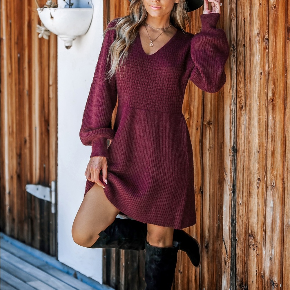 Burgundy V-Neck Gigot Sleeve Sweeter Dress